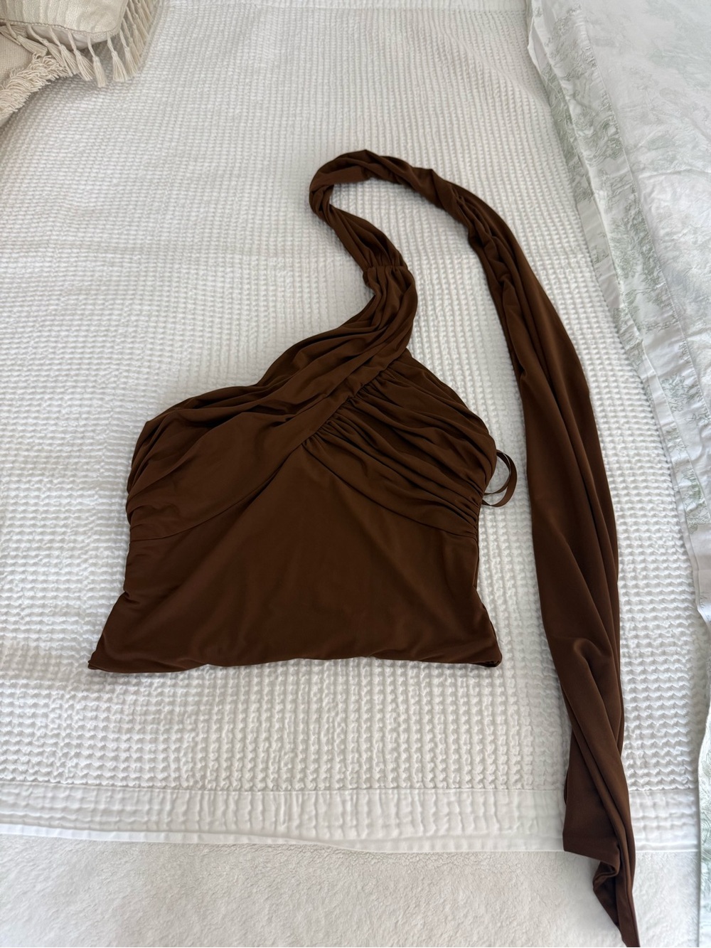 Meshki Brown One-Shoulder Cropped Top